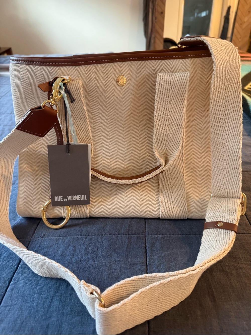 Rue de Verneuil Cream Canvas Tote with Brown Trim